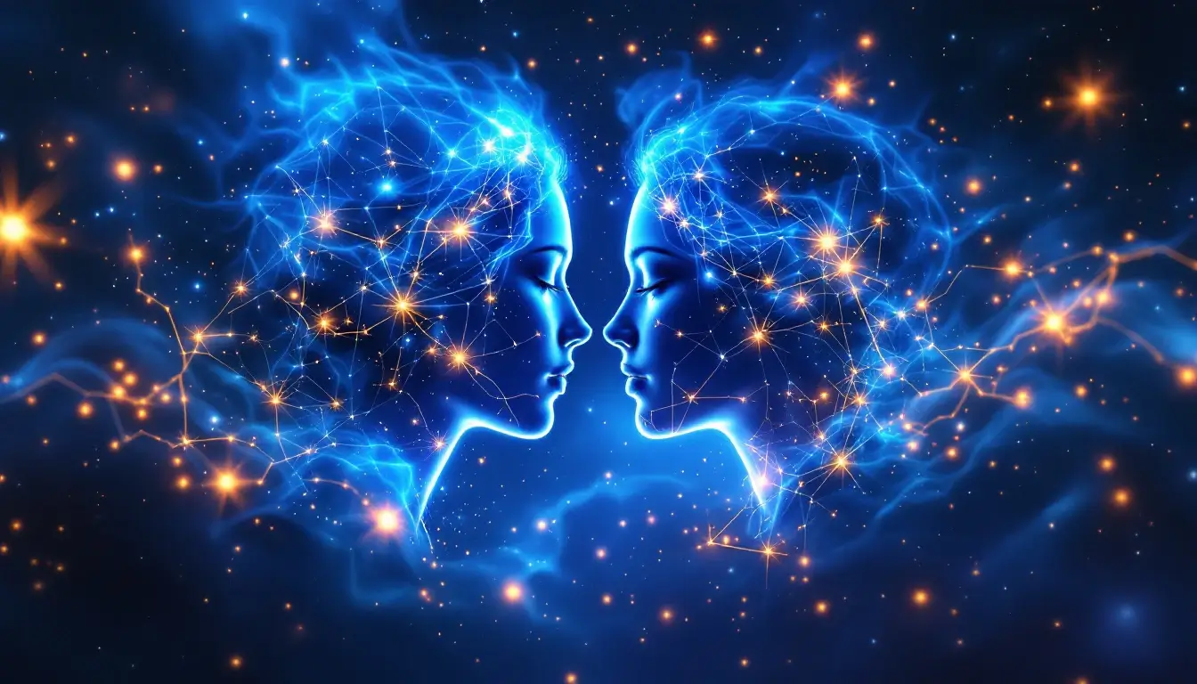 two constellation figures connected by light representing aquarius rising in love and relationships