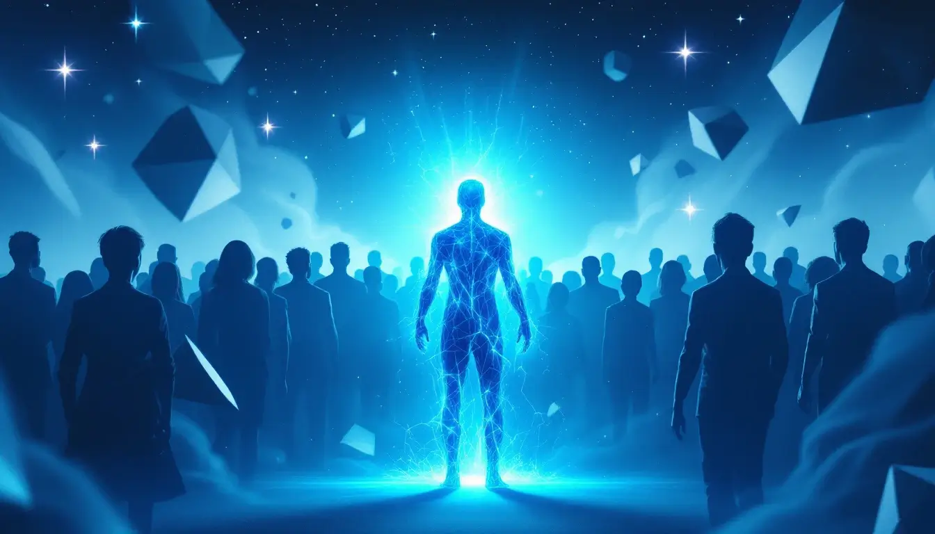 luminous figure standing apart from a crowd representing aquarius rising personality traits
