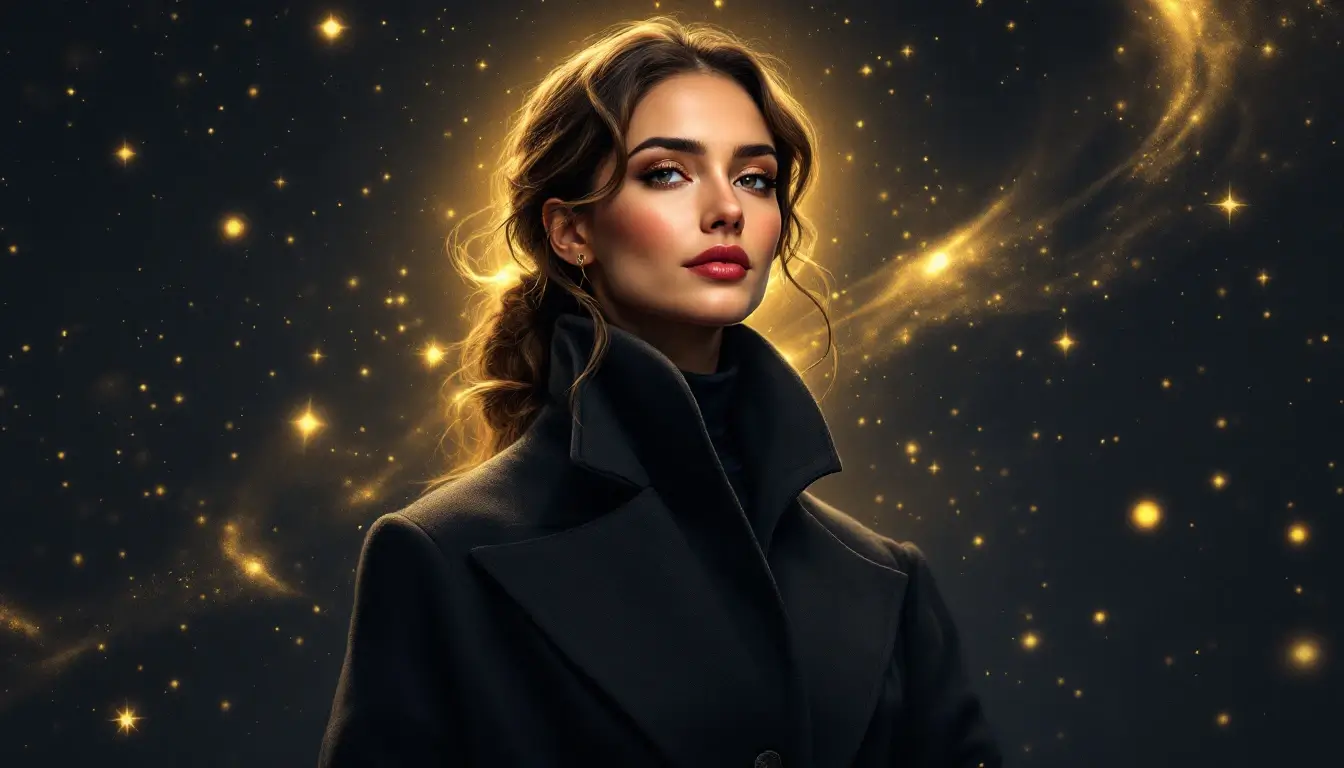 Capricorn rising appearance, a composed woman in a tailored charcoal coat with golden starlight