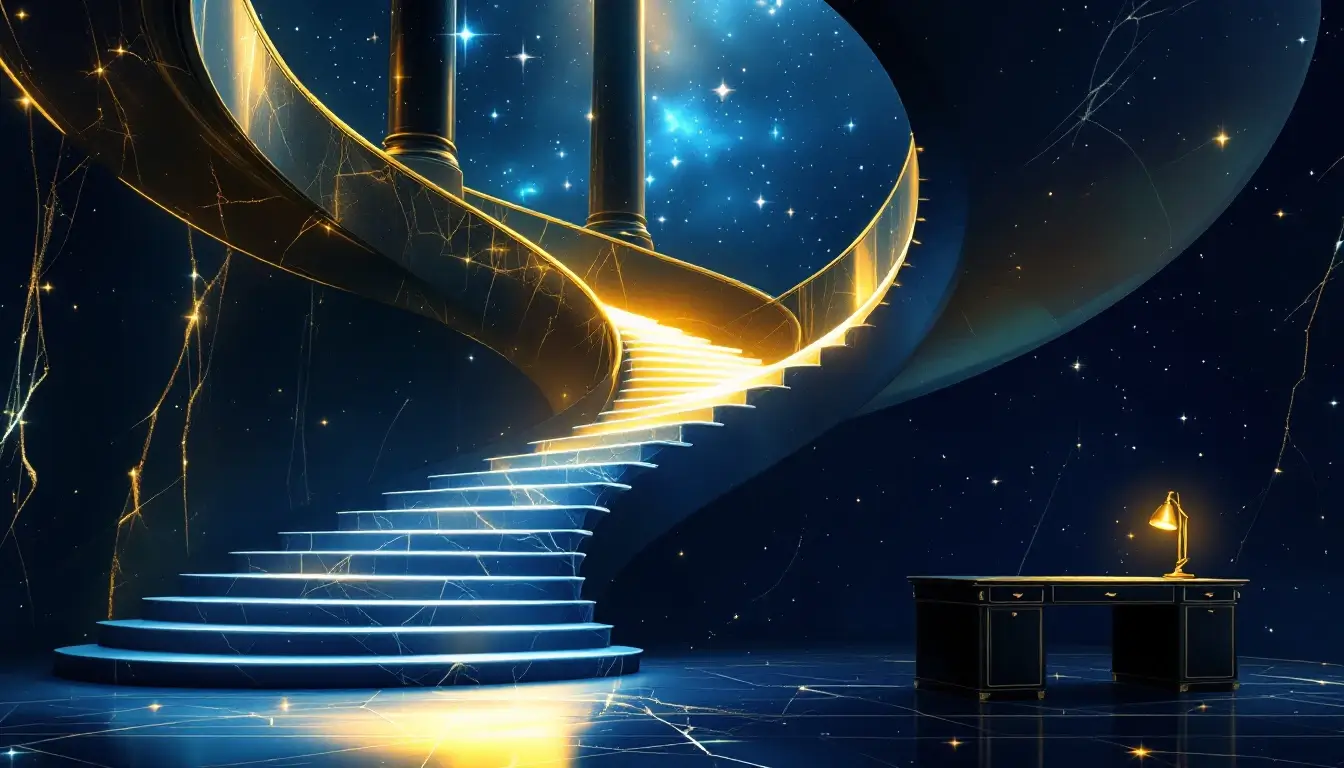 Capricorn rising career, a golden staircase spiraling up into a starry sky
