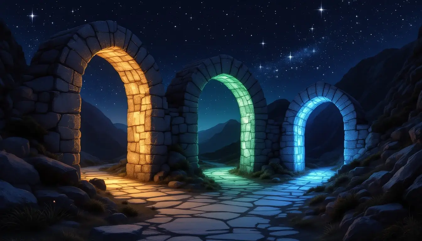Capricorn rising decans shown as three glowing stone archways on a mountain path