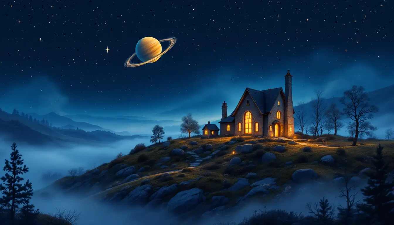 Capricorn rising 2026 2027 forecast, a glowing family home on a hillside under a ringed planet