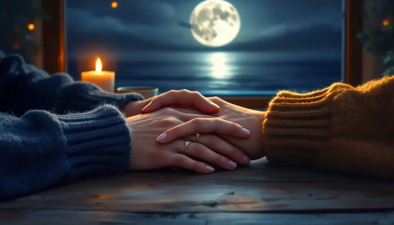Capricorn rising in love, two hands intertwined by candlelight with a full moon over the sea