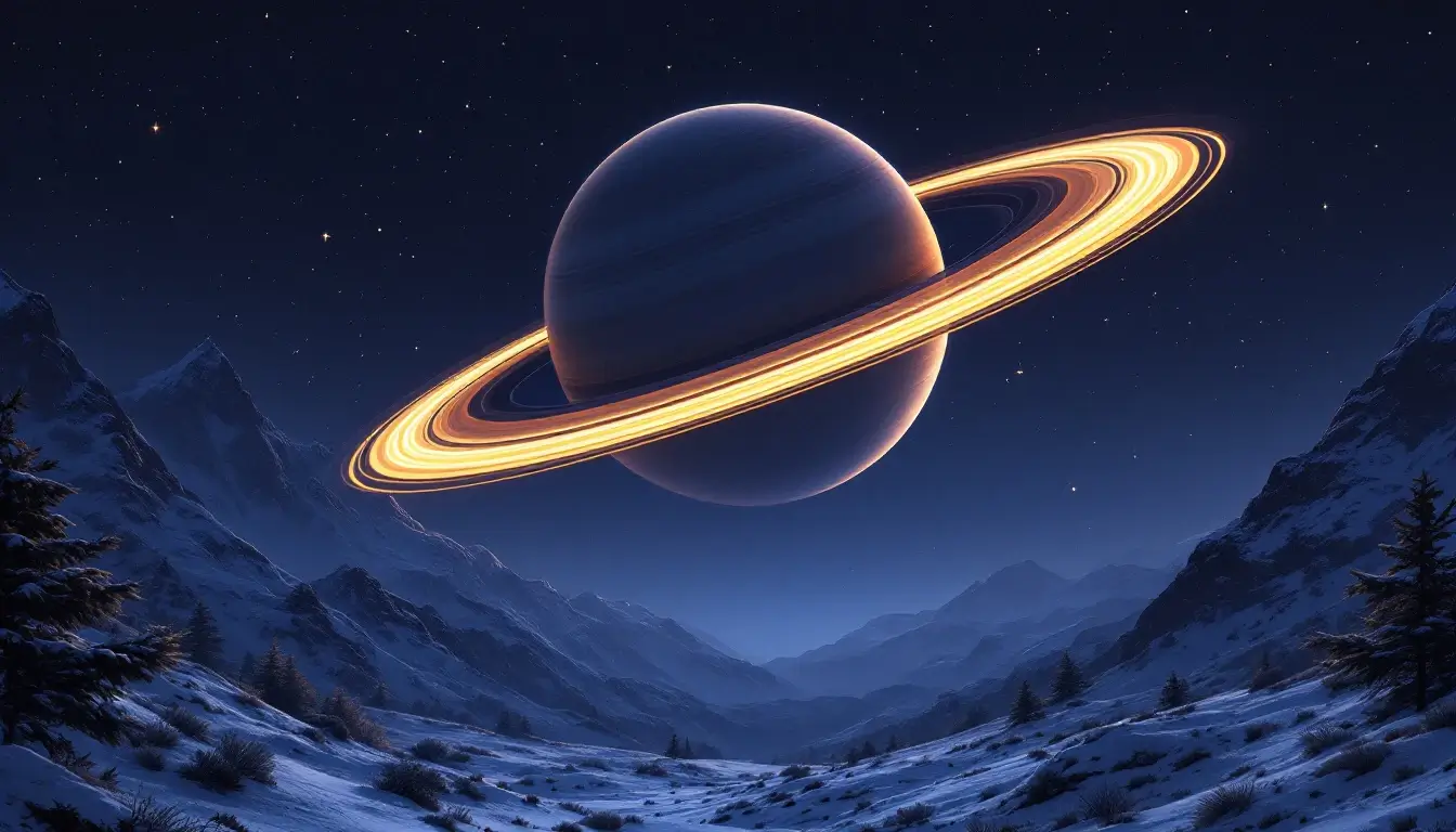 Saturn, the chart ruler for Capricorn rising, glowing over a snowy mountain valley