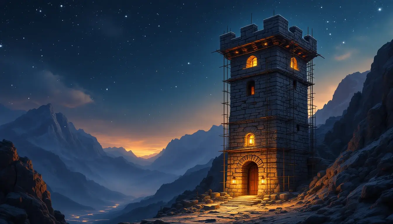 Capricorn ascendant traits, a stone tower being built block by block on a mountain at night