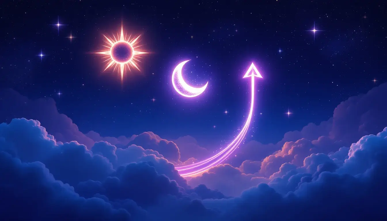 three glowing celestial symbols representing the sun moon and rising sign astrology concept