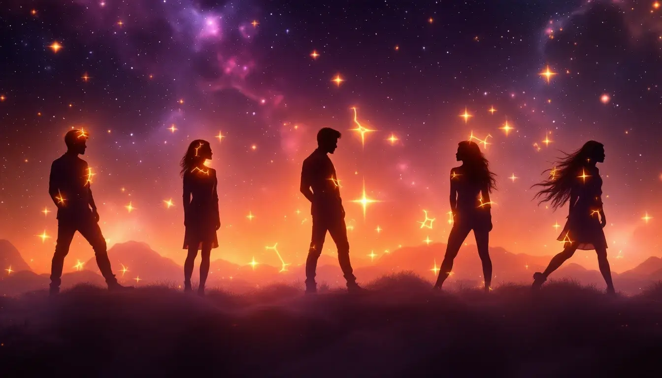 celebrity birth chart constellations arranged like a red carpet lineup under a starry sky