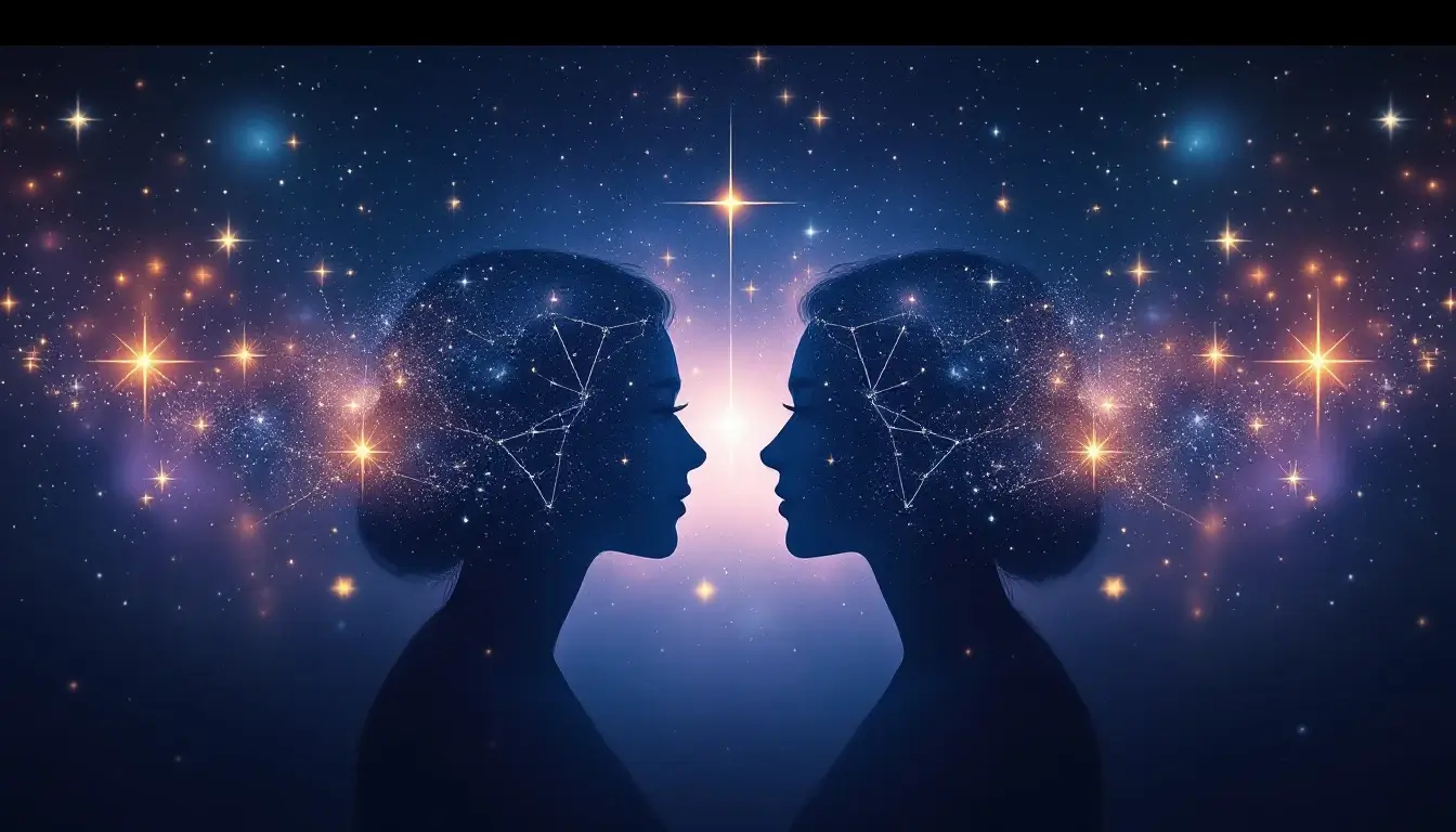 two matching star constellations mirrored like twin flames representing a celebrity birth chart twin match