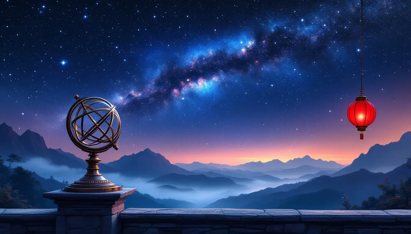 Brass armillary sphere and red lantern under the Milky Way, where Chinese and Western astrology meet