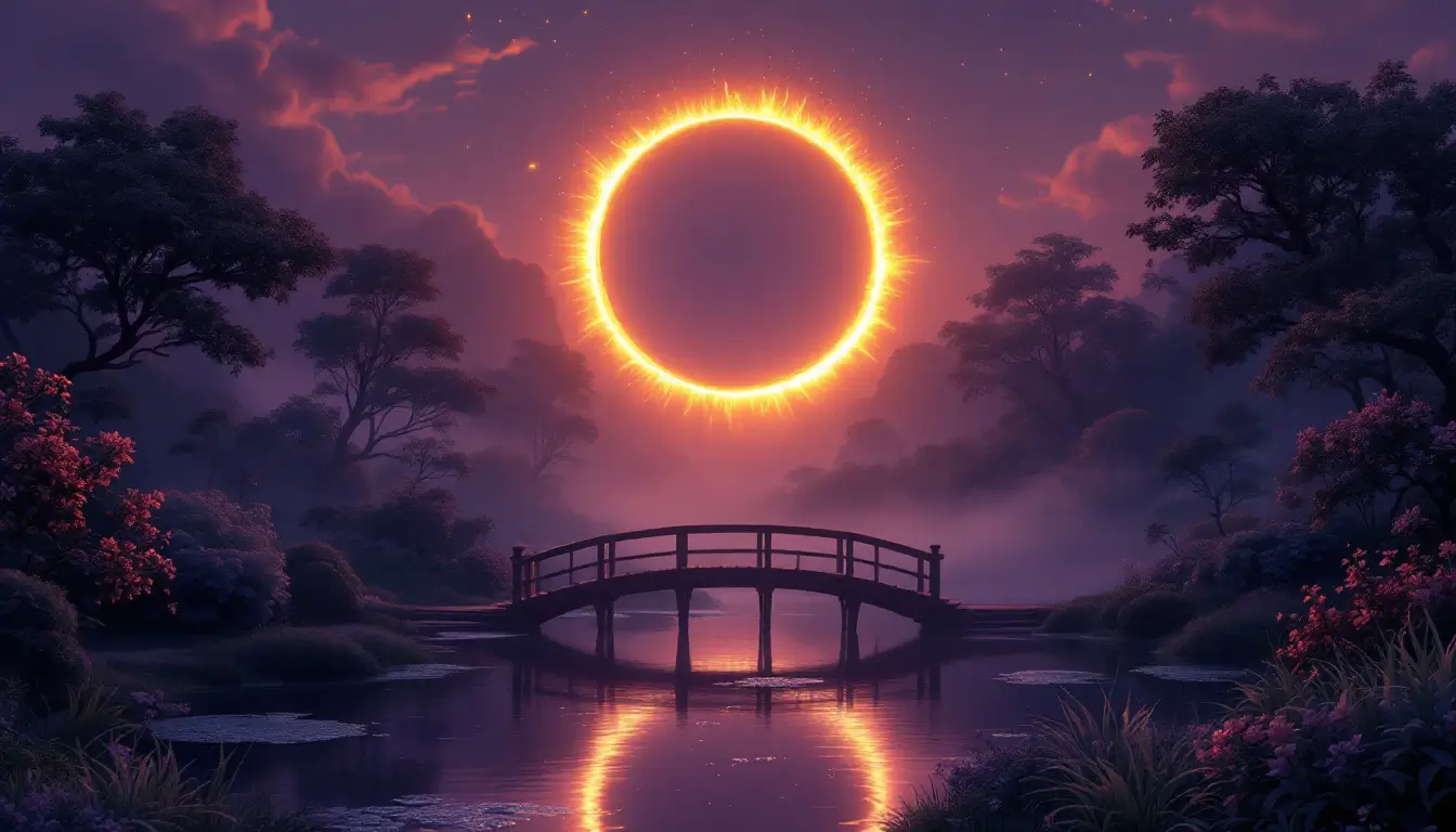 Ring of fire solar eclipse over a garden pond, marking the February 6 2027 Lunar New Year