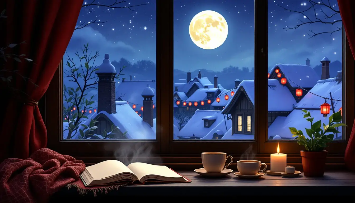 Cozy window seat with a journal and tea, full moon rising over snowy rooftops with red lanterns