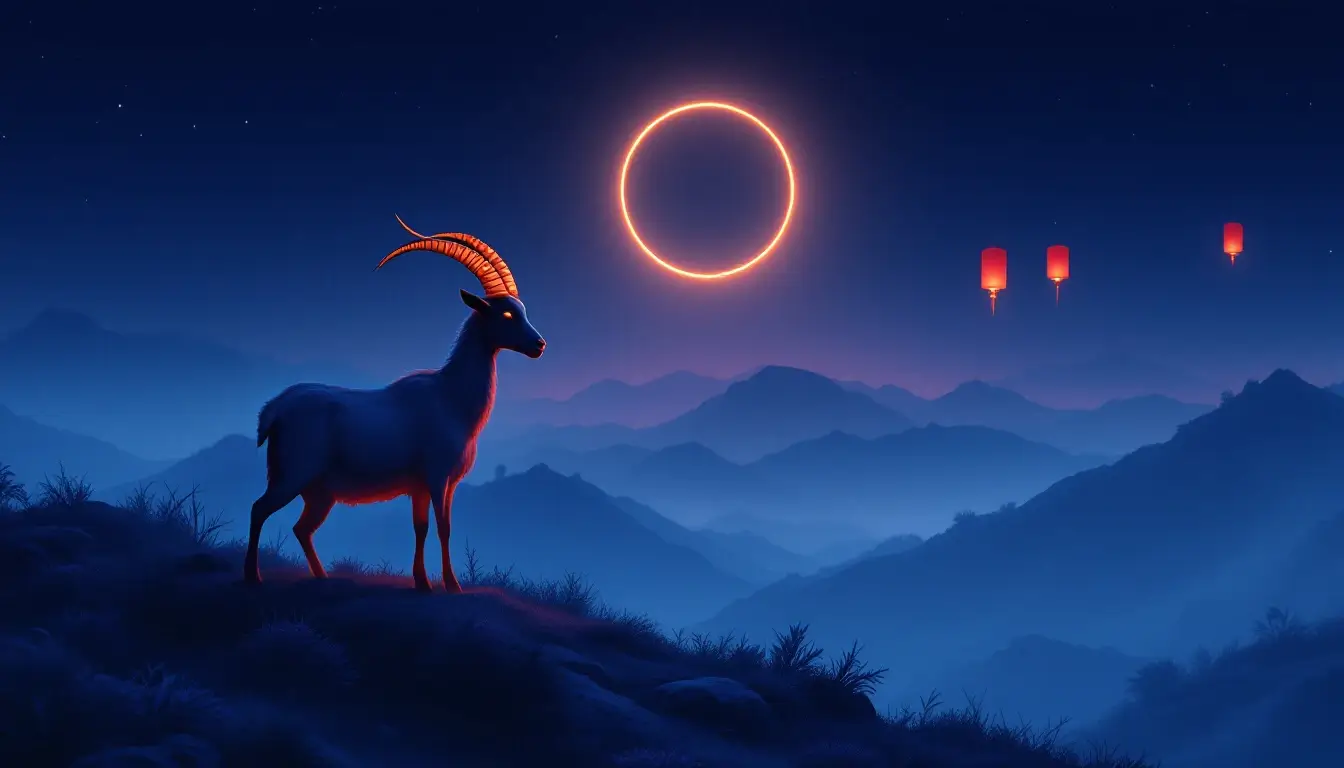 chinese zodiac 2027 Fire Goat on a mountain ridge under a ring of fire eclipse