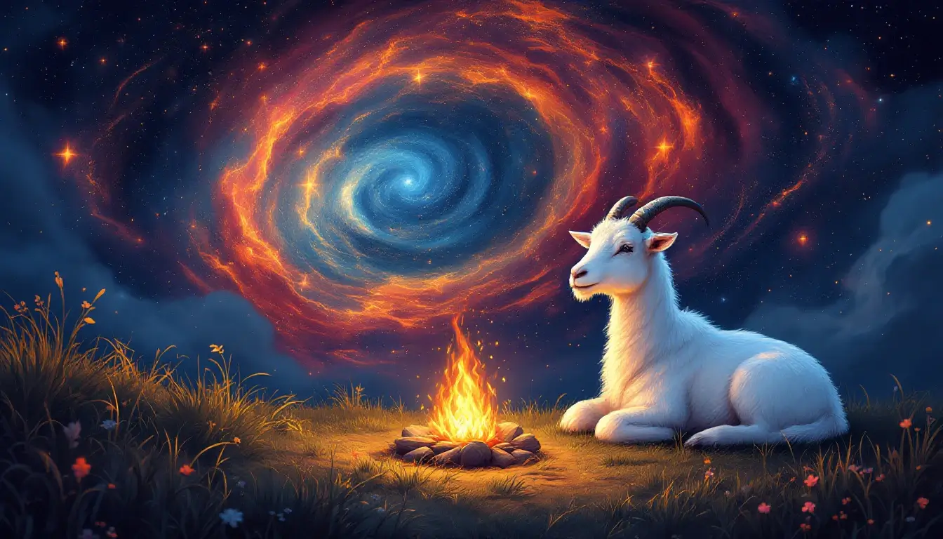 Gentle white goat resting beside a campfire under a crimson nebula, Fire Goat energy