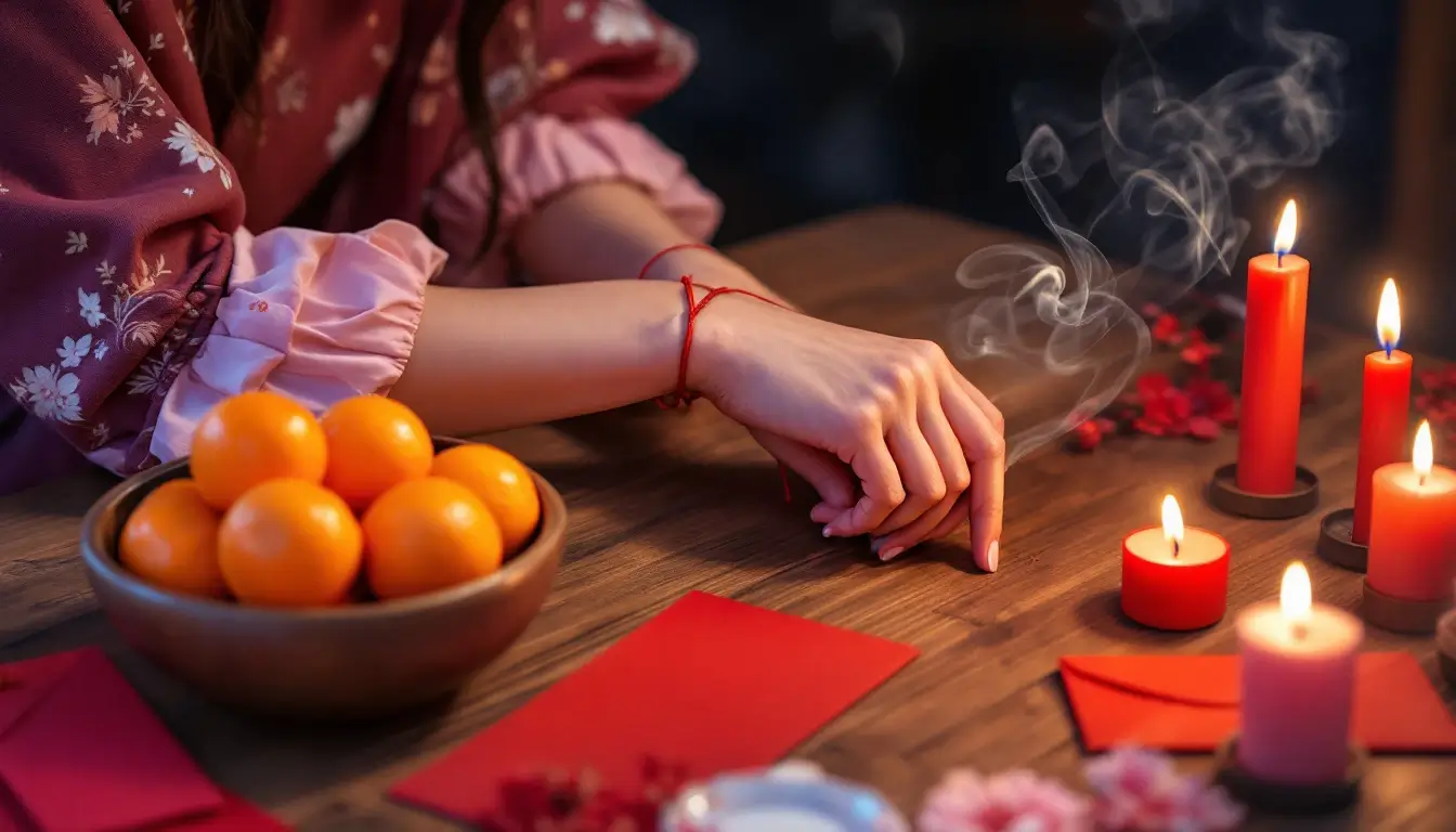 Hands tying a red thread bracelet beside mandarin oranges, red envelopes and candles for Lunar New Year