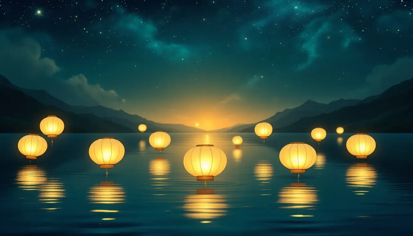 Twelve glowing paper lanterns in a circle over a lake, one for each Chinese zodiac animal