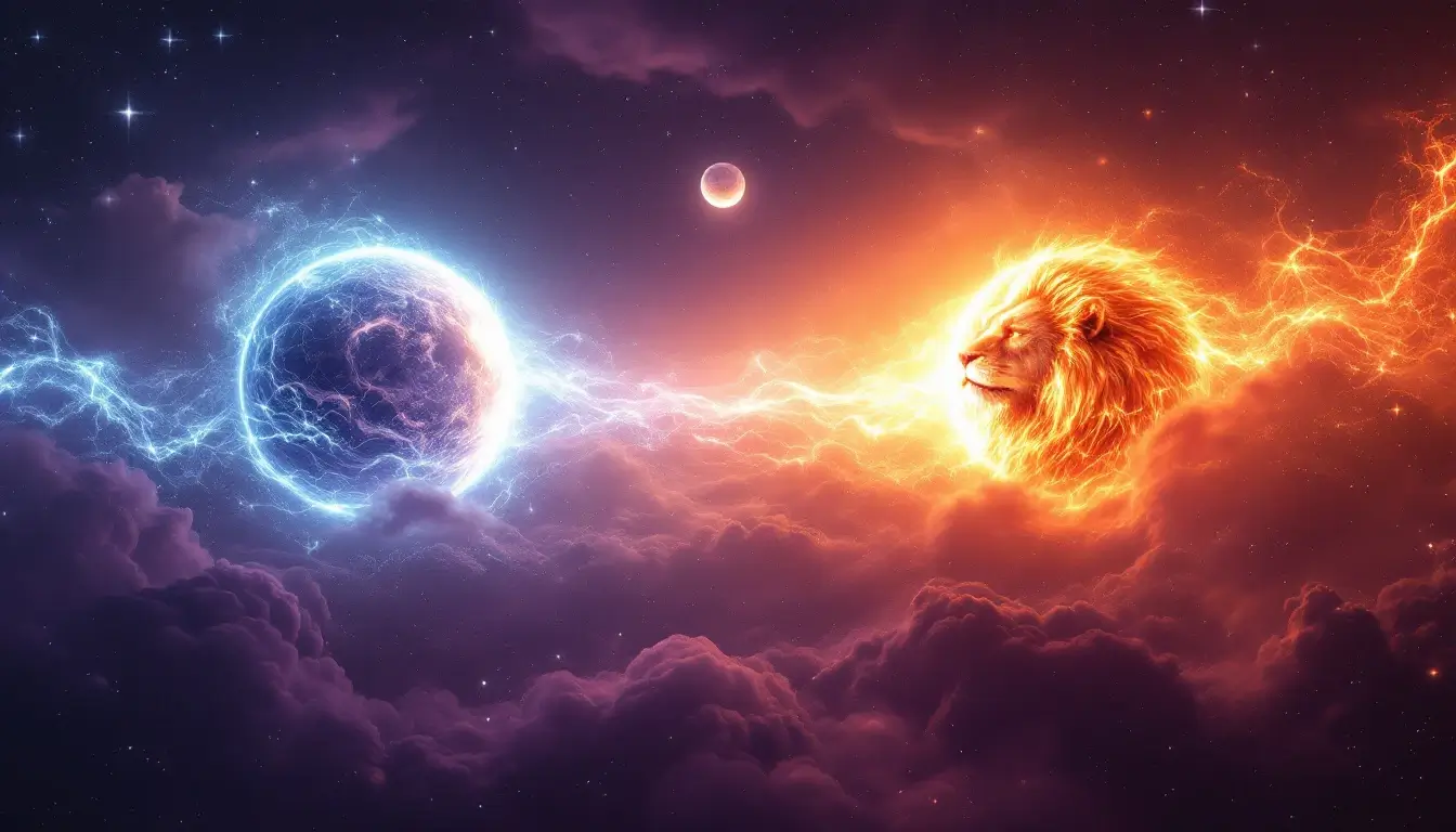 Airy blue celestial orb facing a fiery lion-maned planet across a violet starfield, symbolizing the Aquarius Moon opposing Mars in Leo