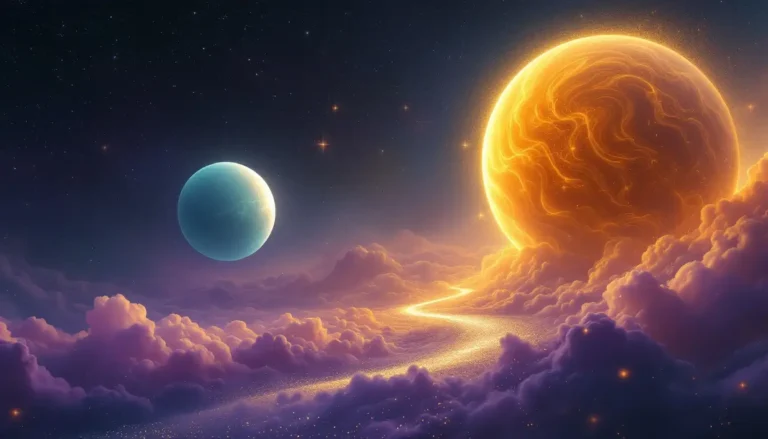 A silver-blue moon facing a giant glowing golden sphere across a starry sky, symbolizing the Aquarius Moon opposite Jupiter in Leo