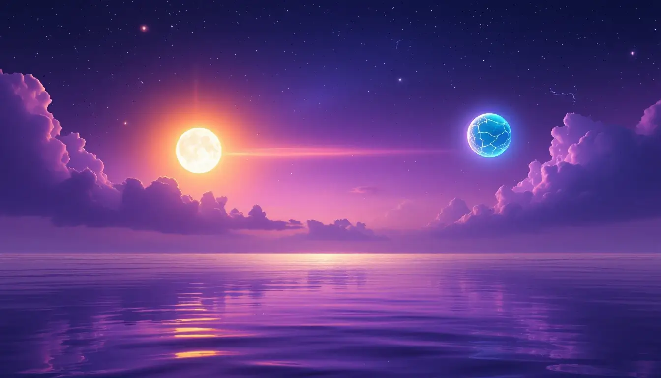A golden sun facing a glowing teal sphere mended with gold across a twilight sky over a calm violet sea