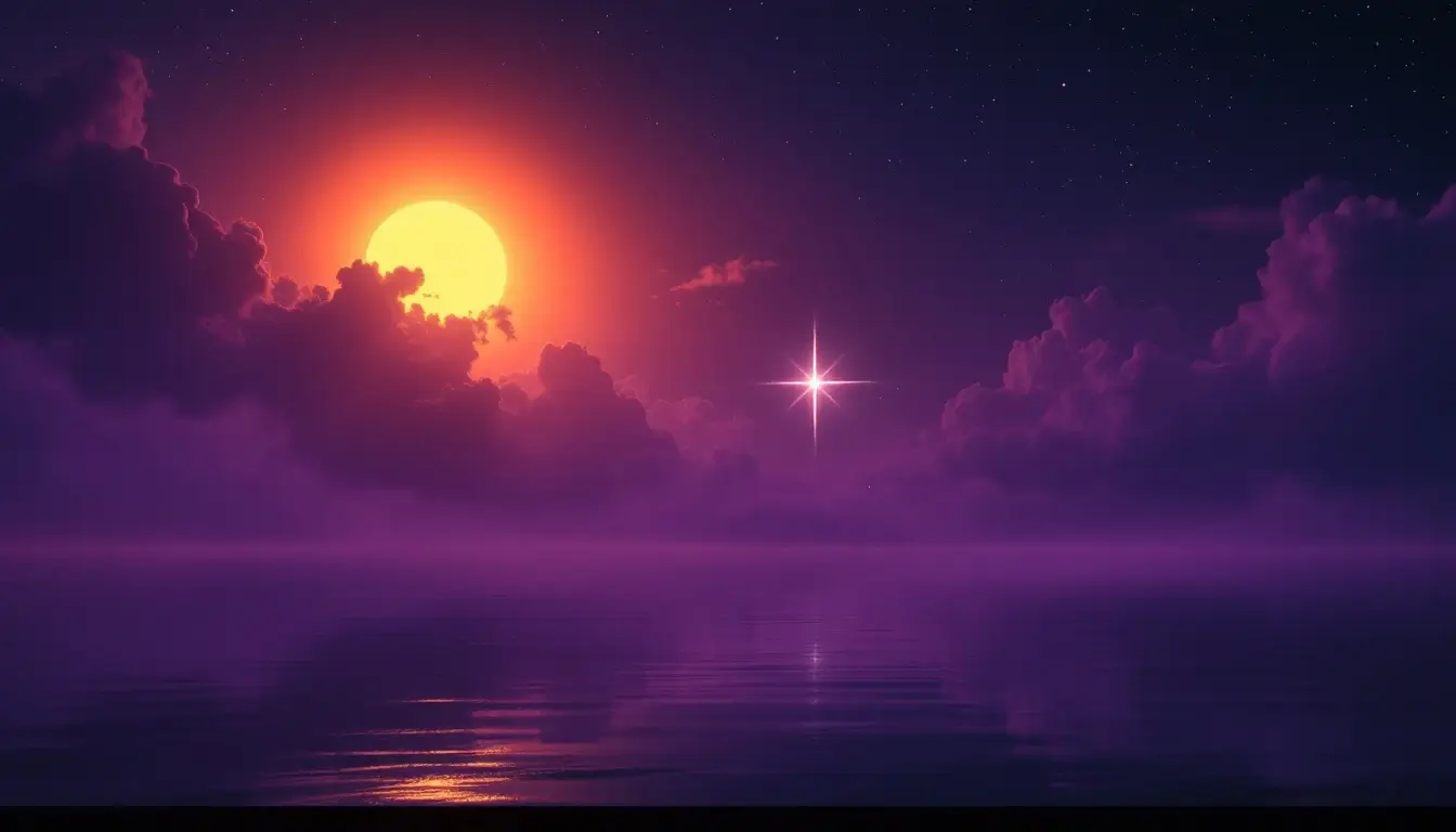 Golden sun and a bright evening star over a violet sea for the October 23, 2026 daily horoscope
