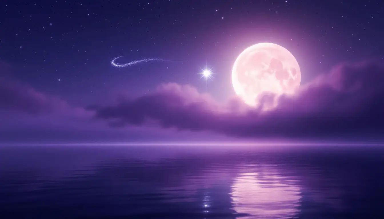 A quicksilver star pausing above a calm violet sea beside a glowing moon, symbolizing Mercury stationing retrograde
