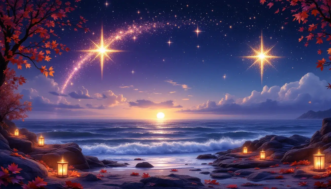 Two golden stars joined by an arc of light over a moonlit sea with glowing lanterns and autumn leaves