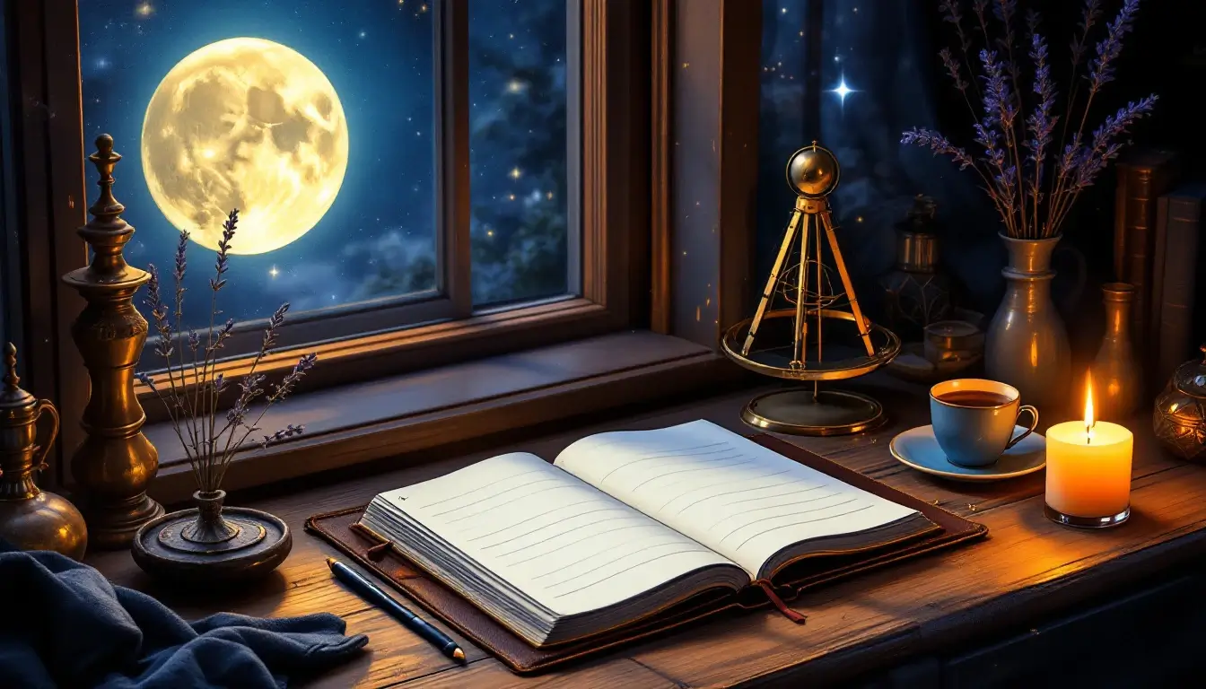 Full moon 2027 calendar planner open on a desk under moonlight