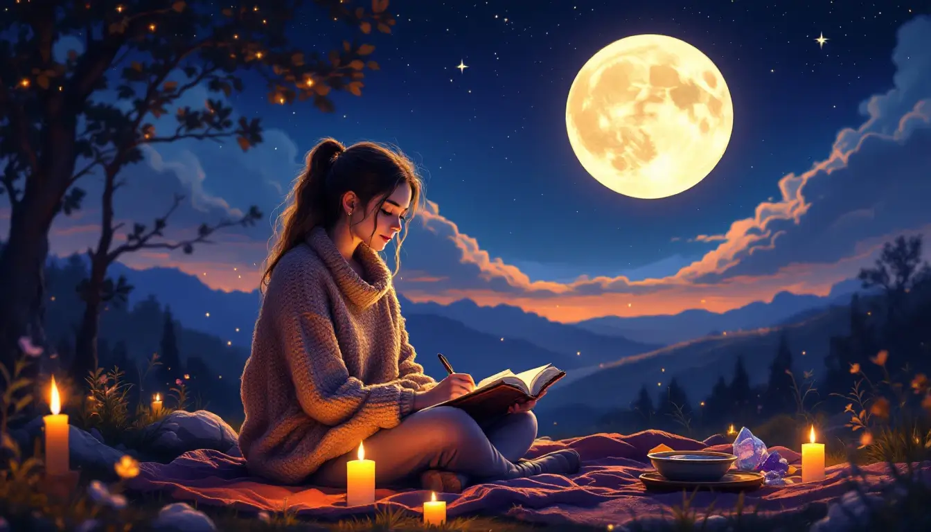 Woman journaling by candlelight under a full moon as a 2027 full moon ritual