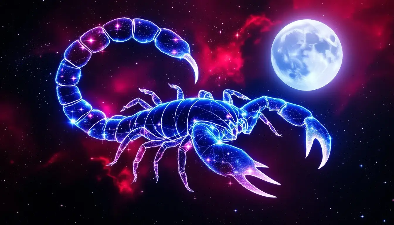 Glowing star scorpion beside a bright full moon for the 2027 double Scorpio full moons