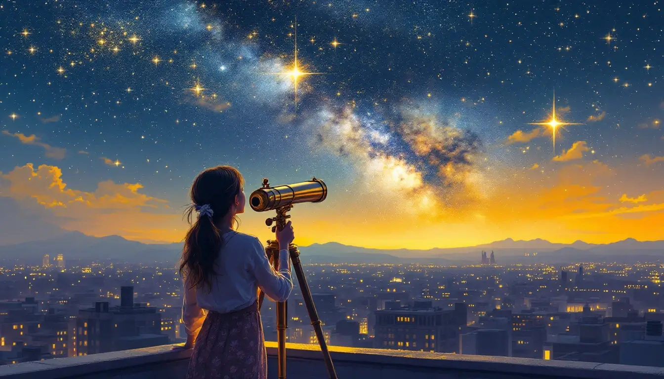 Woman with a telescope looking at bright Jupiter in the night sky