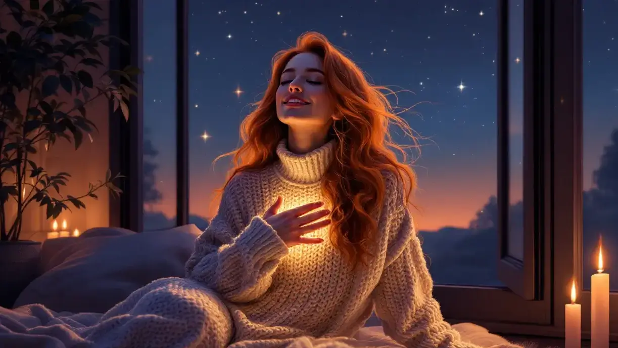 Woman with hand on her heart glowing with golden light during Jupiter retrograde in Leo