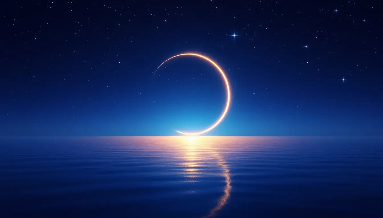 Golden loop of light tracing Jupiter's retrograde path across a starry sky over the ocean