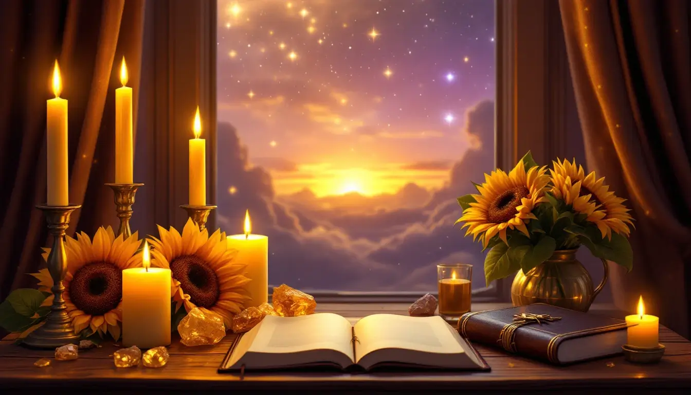 Candlelit altar with sunflowers, citrine and a journal for a Jupiter retrograde ritual