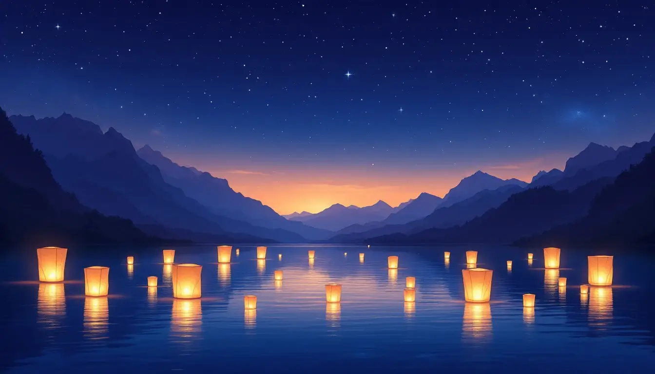 Twelve glowing lanterns over a mountain lake for each zodiac sign during Jupiter retrograde