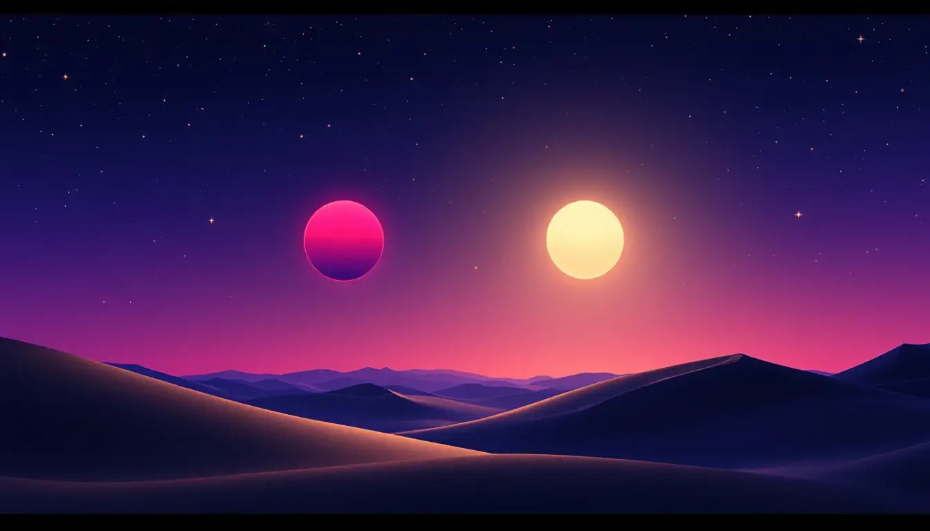 Red and gold points of light close together above desert dunes, symbolizing Mars and Jupiter in Leo