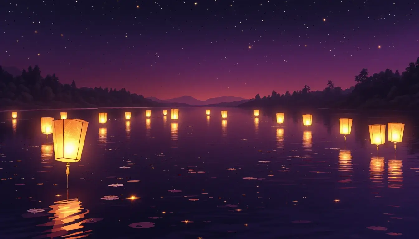 Twelve golden lanterns floating over a lake at twilight