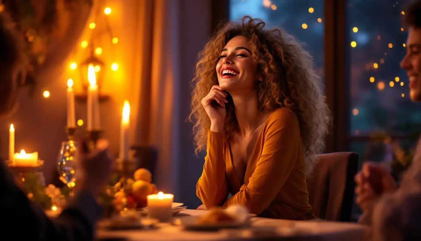 Leo rising woman laughing with friends at a candlelit dinner