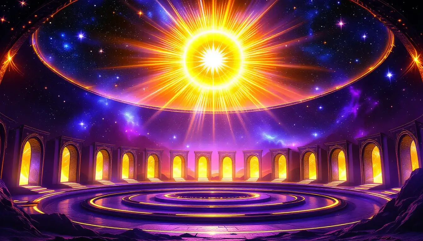 Golden sun surrounded by twelve glowing doorways representing the houses of a Leo rising chart