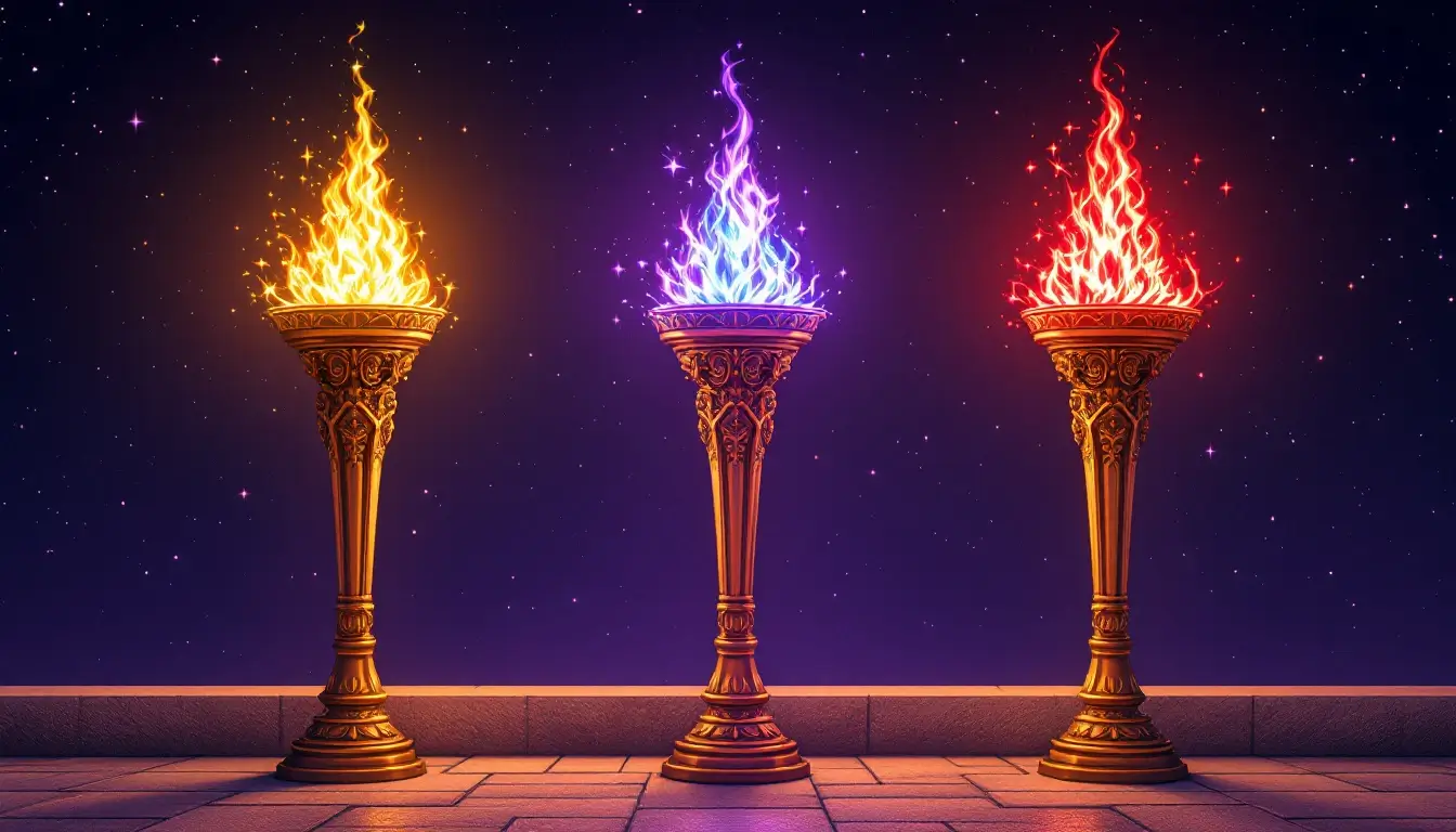 Three torches in gold, violet and red representing the three Leo rising decans