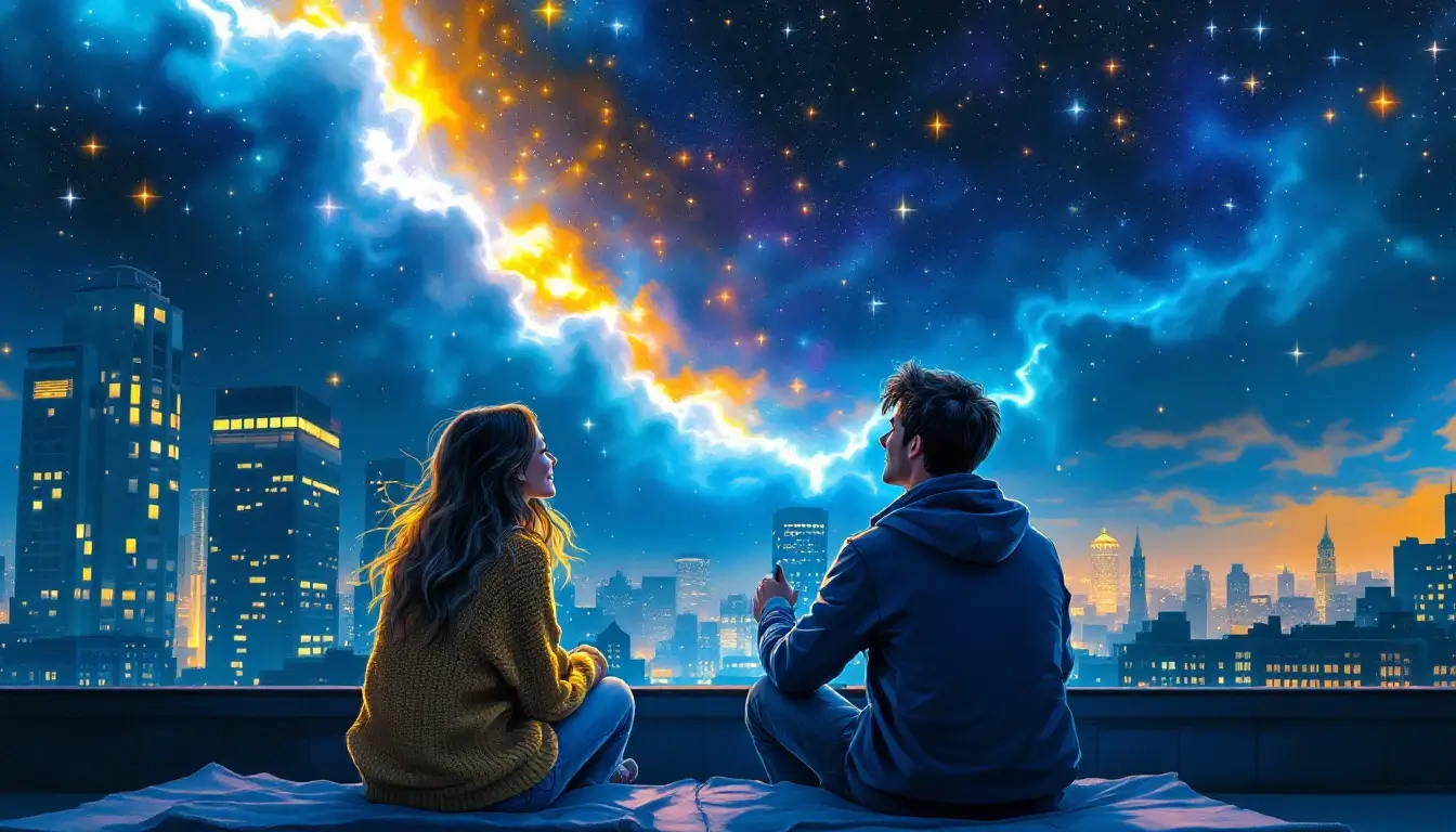 Couple stargazing on a rooftop, representing Leo rising with an Aquarius descendant in love