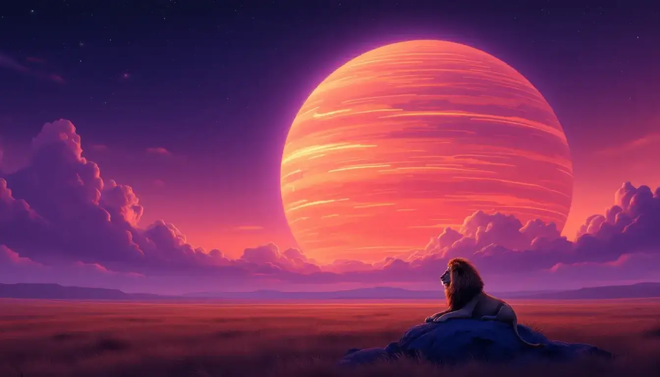 Golden Jupiter rising over a savanna as a lion watches, Jupiter in Leo 2026 for Leo rising