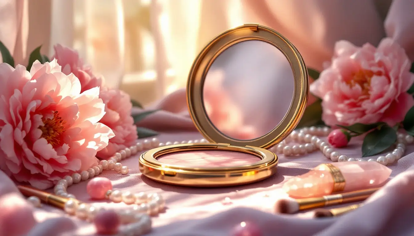 Gold compact mirror with peonies and pearls, Libra ascendant appearance and style