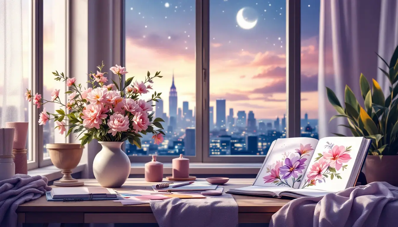 Pastel design studio with fabric swatches and flowers
