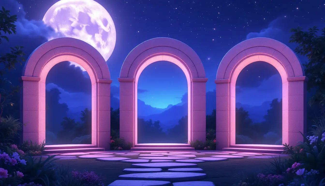 Three glowing stone archways in a moonlit garden representing the Libra rising decans