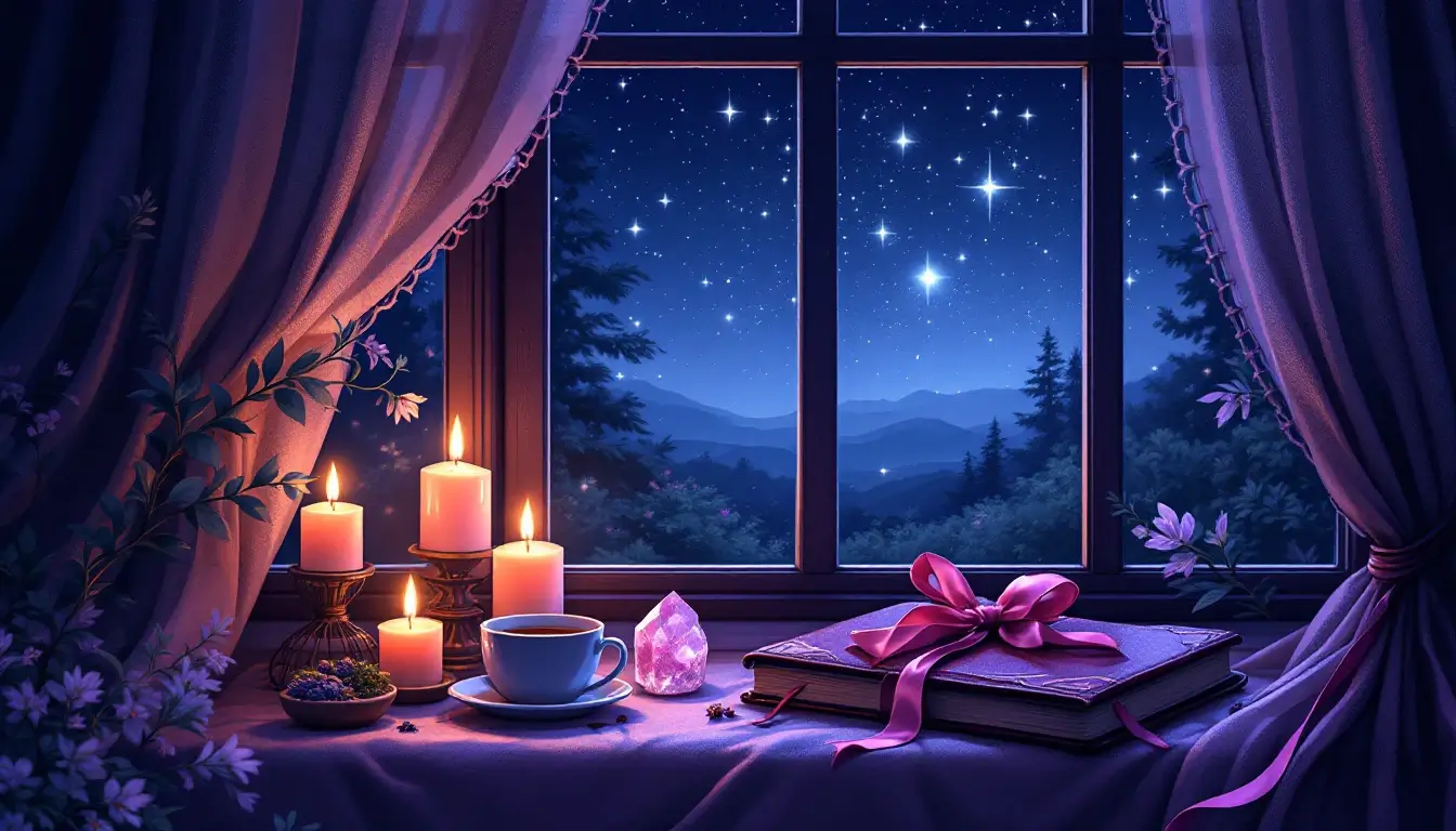 Cozy candlelit reading nook with tea and a journal