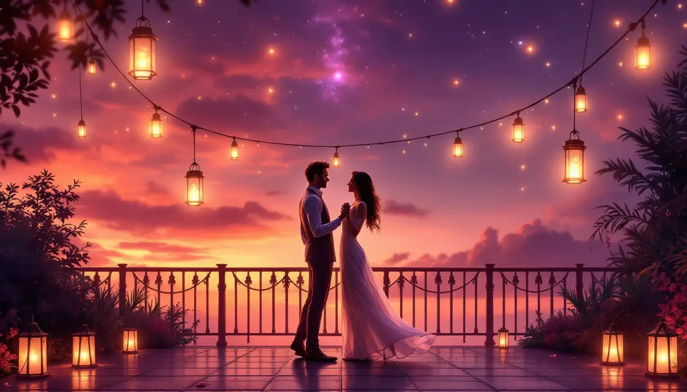 Couple dancing under lanterns at twilight, Libra rising in love