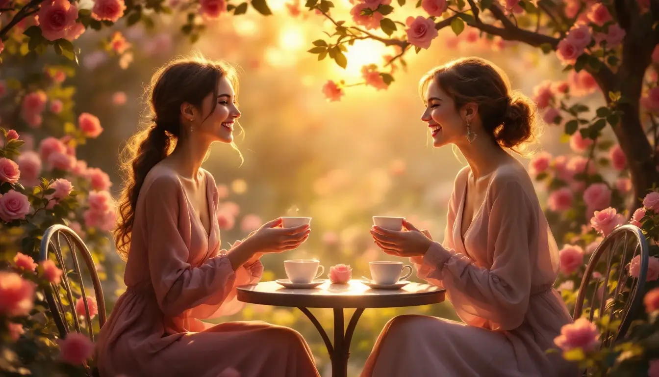 Libra rising personality traits, two friends talking in a rose garden