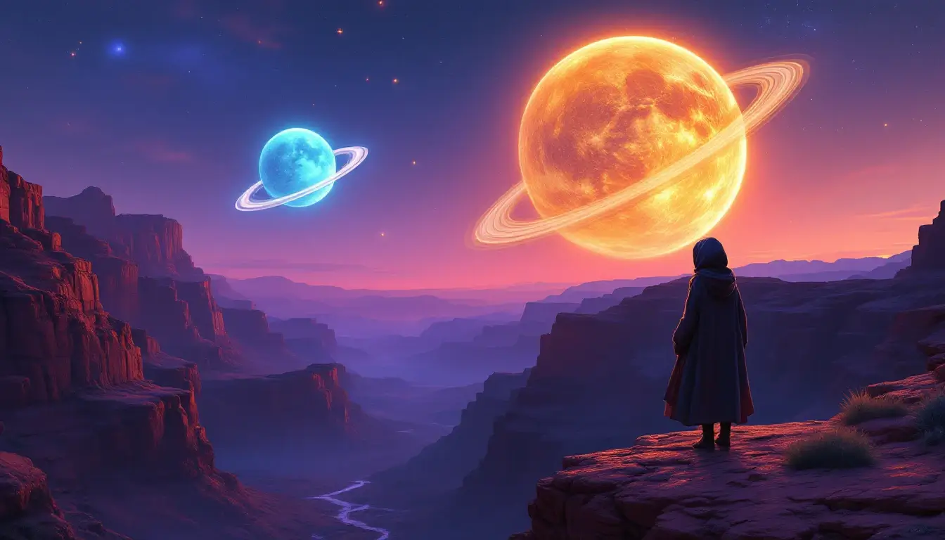 Libra rising 2026 2027 transits, Saturn and Neptune over a desert canyon at dusk