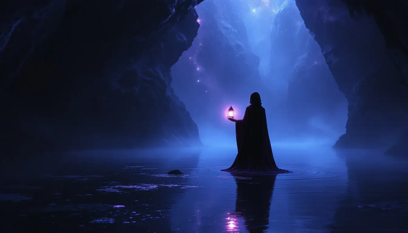 Woman with a lantern at a hidden cave symbolizing Mercury retrograde in Scorpio secrets