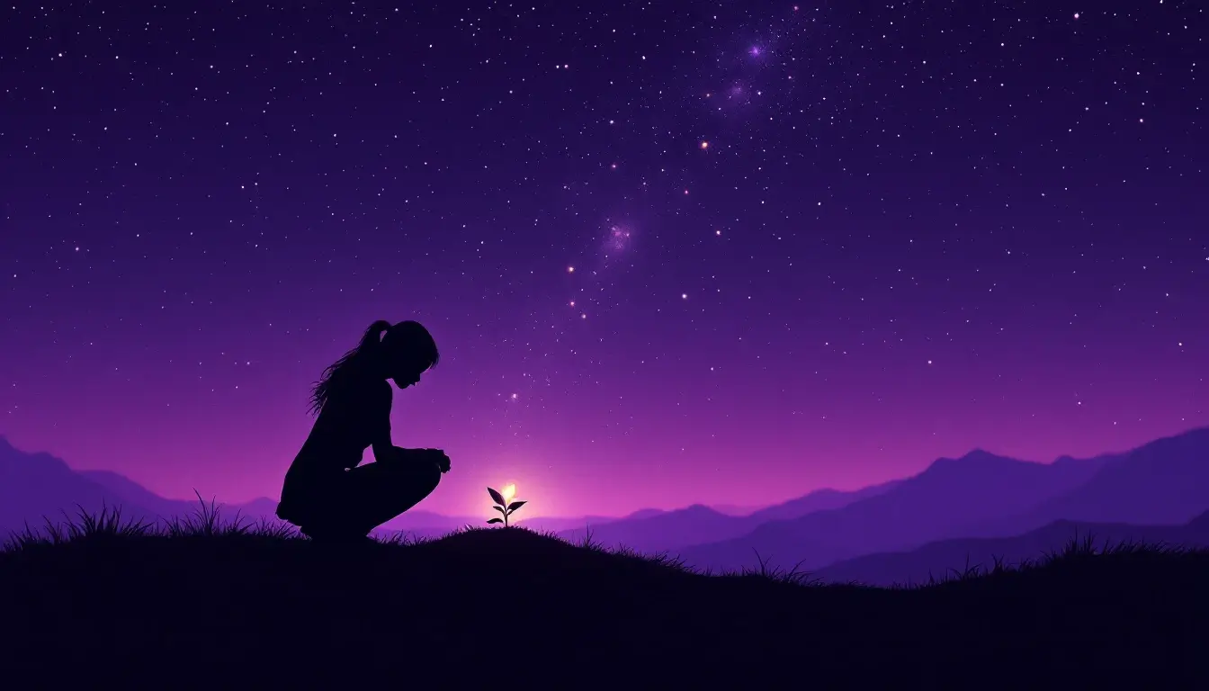 Woman planting a glowing seed under a moonless starry sky for the New Moon in Scorpio during Mercury retrograde