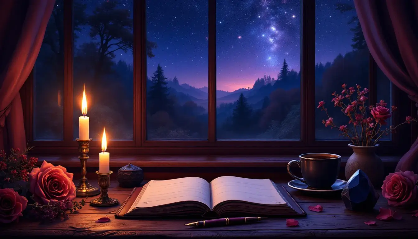 Candlelit desk with an open journal and tea for reflection during Mercury retrograde in Scorpio